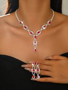 Conjunto de joyería nupcial - Collar y aretes con gota enjoyada con brillantes, adecuado como regalo del Día de San Valentín - Rojo - Ver 6