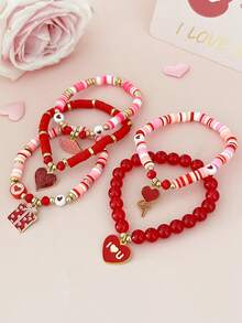 5件套情人节时尚红色爱心串珠手链，金属爱心和嘴唇吊坠多层手链，适合约会、闺蜜礼物、生日惊喜、通勤、音乐节等场合佩戴。 - 彩色 - 查看 5