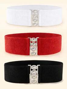 3pcs Metal Buckle Elastic Waist Belt Set For Women Dress - Multicolor - View 3