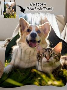 SRH 定制照片毯，狗狗或猫咪图案，宠物照片毯，多种尺寸可选，柔软法兰绒材质，可添加定制文字。保暖舒适，适合狗狗和猫咪使用。 - 白色 - 查看 4
