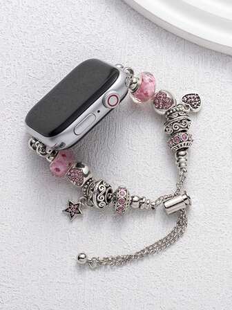 1 st. damarmband med dubbelradig strassbesatt hjulformat armband, lämpligt för Apple Watch-serien 1-9, rosa metalliskt armband