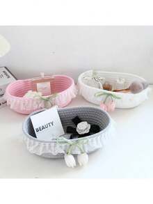 Cesta de almacenamiento tejida de cuerda de algodón, organizador de escritorio simple, decoración de mesita de noche - Gris Claro - Ver 5