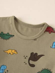 4件套男童卡通恐龙印花睡衣套装，春秋季，长袖上衣和裤子，树叶和小熊印花睡衣 - 彩色 - 查看 8