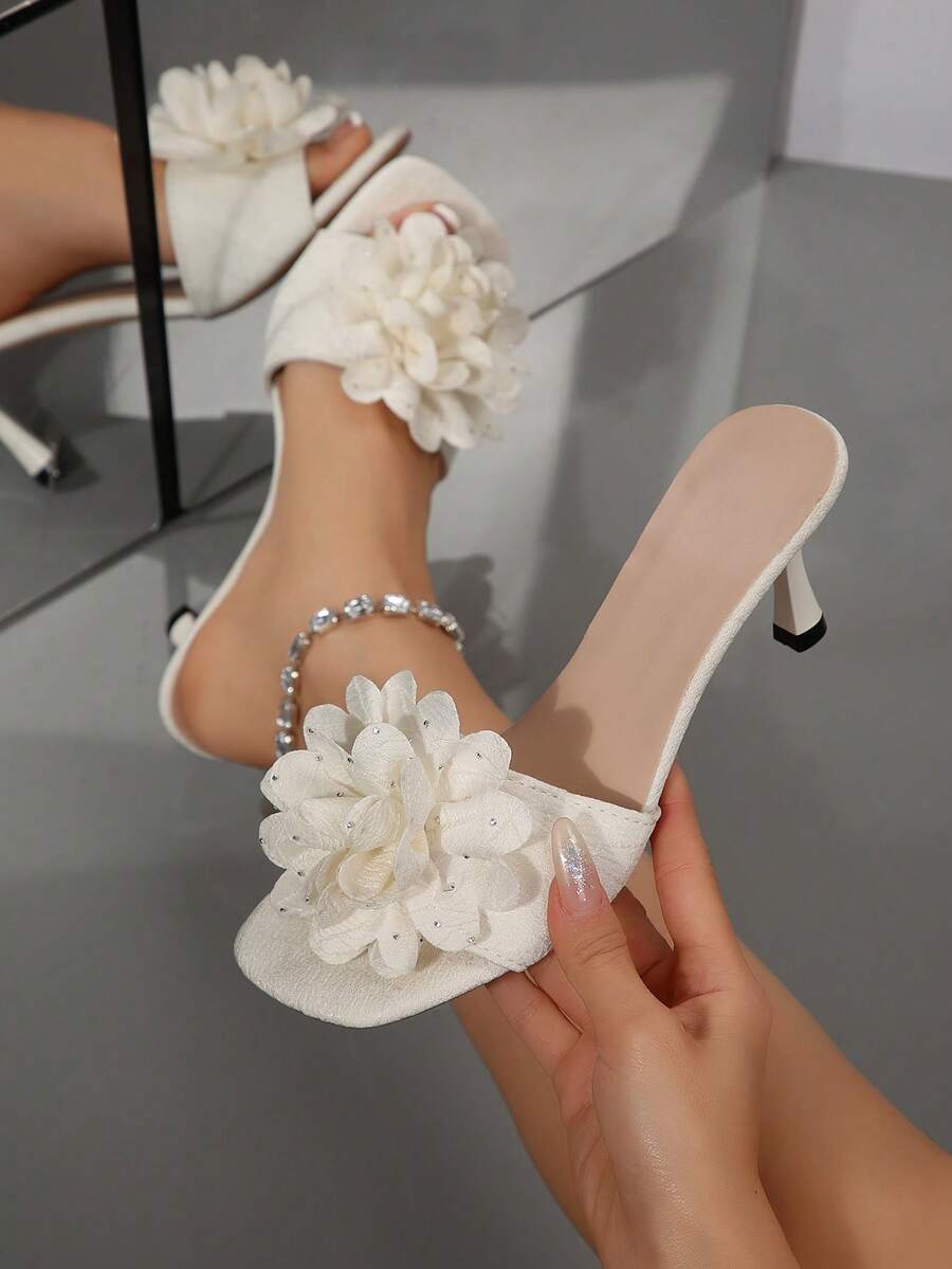 女士花卉高跟凉鞋，时尚法式风格，适合约会、购物、通勤、商务、宴会、派对等场合。 - 白色 - 查看 1