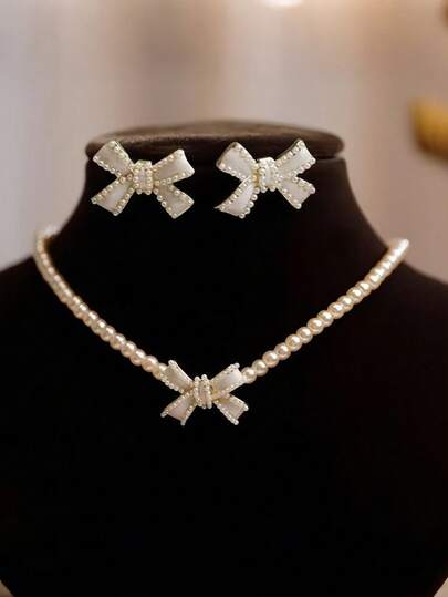 Bộ 3 món trang sức ngọc trai tối giản thời trang gồm bông tai, dây chuyền và trang sức hình nơ, quà tặng trang trí ngày Valentine cho nàng.