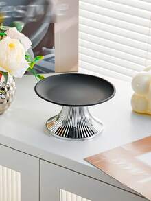 1pc Stainless Steel Round Tray, Metal Tray With Silver Base, Retro Design, Home Decor, Dessert Serving Tray, Party Decoration Platter - Black - View 13