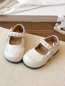 1 Paar beige Kinderflatschuhe, Prinzessinnenschuhe, Softsohlenschuhe mit Schleife für Mädchen, Perlen-Schleife, Klettverschluss und quadratische Zehenform - Beige - Übersicht 4