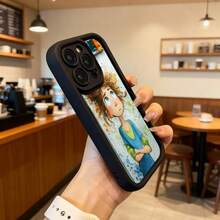 Cubierta de teléfono con borde negro diseño de dibujos animados chica con cabello rojo y camiseta azul para uso diario en cafeterías y salas de estar,Aplicable a los teléfonos de la serie Apple y Galaxy - Negro - Ver 6