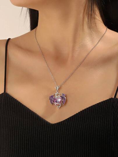 1pc Charming Birthstone Dragon Pendant Necklace, Heart-Shaped Cartoon Pterosaur Design For Women