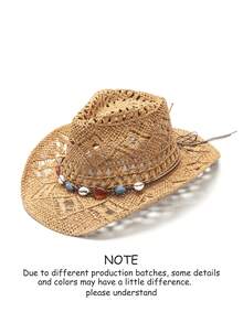 Swim Chiccia 1 件男女通用宝石装饰西部牛仔帽镂空印花草帽春夏旅行阳光沙滩帽休闲遮阳帽（收到产品后，如果帽檐变形，需要手动调整回去） - 西部牛仔禮帽 - 查看 19