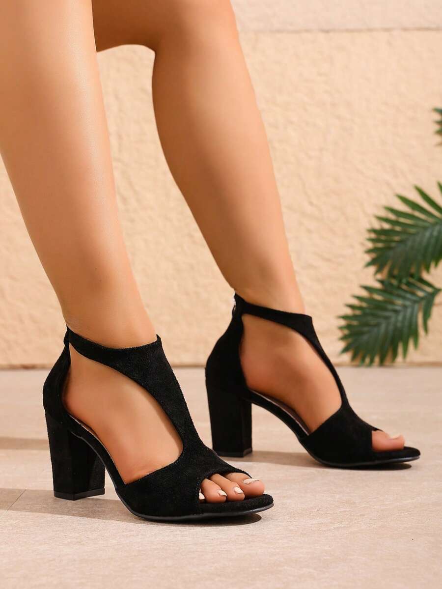 New Fashion Open Toe Zipper Chunky Heel Fishmouth Strap Sandals, Stylish High Heels - Black - View 1