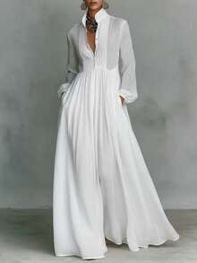 Spring And Summer New Temperament Waist Thin Long Sleeves Pleated Word Long Holiday Skirt French White Dress - 白色 - 查看 2