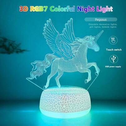 1个3D LED夜灯，USB供电，触摸/按钮开关，RGB七彩/三色/裂纹七彩夜灯，塑料材质，适用于家居卧室、书桌、派对、客厅、餐厅、约会装饰氛围灯，精美礼品灯，适合送给家人、朋友和爱人。