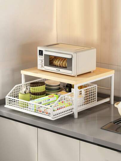 这款双层置物架采用抽屉式设计和坚固的金属框架，经久耐用。它可用于存放咖啡机、餐具、调料罐和打印机等物品。它节省空间，提高收纳效率，适合在厨房、办公室和出租公寓中使用。