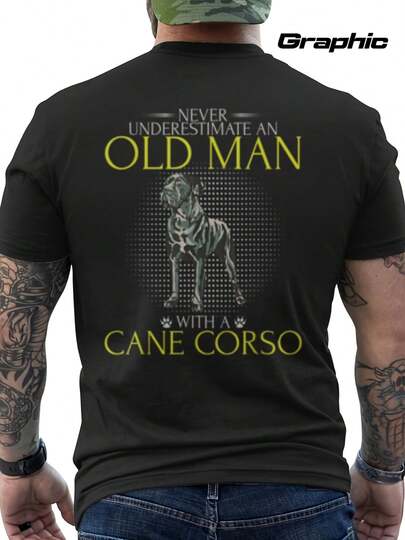 Camiseta para amantes de perros Cane Corso para hombres - Camiseta gráfica divertida de Mastín Italiano con la frase "Nunca subestimes a un anciano con un Cane Corso" - Camiseta y letras amarillas - Atuendo casual para dueños de perros - Regalos de cumpleaños/pensionamiento para hombres mayores