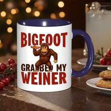 1Pc 1Pc Funny Bigfoot & Hot Dog Mug With "BIGFOOT GRAB MY WIENER" Text - Sasquatch Design Coffee Cup For Men, Son-In-Law Gifts, Christmas, Valentine'S - Novelty Ceramic Cup For Bigfoot Fans & Hot Dog Lovers - 11Oz Reusable & Hand Wash Only - Glossy White Exterior With Red Lettering & Bigfoot Holding Hot Dog Design - Perfect For Coffee & Tea - Unique Gift Idea For Bigfoot Enthusiasts, White Handle - White - View 5