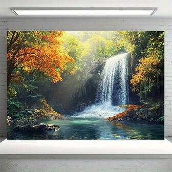 1 pieza Fondo de paisaje natural extra grande - Escena de cascada forestal con árboles verdes, los colores incluyen marrón/naranja/azul/dorado/gris/negro/blanco/gris verdoso - Telón de fondo de fotografía resistente, adecuado para bodas, cumpleaños, decoración de fiestas, sesiones de fotografía - Decoración interior/exterior - Fácil de usar con clips