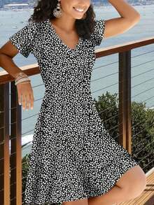 Fashionable Ditsy Floral Lightweight Elegant Dress, Suitable For Casual, Vacation, Home, Work, Wedding, Party, Beach, Sleepwear. Recommended For Lightweight, Comfortable, Versatile Wear - Black - View 3