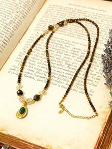Dây chuyền dài hạt đá tự nhiên Bohemia với mặt dây chuyền đá Malachite, trang sức thủ công dành cho nữ, hạt đá mắt hổ, dây đeo áo len. - Hình vuông - Xem 4