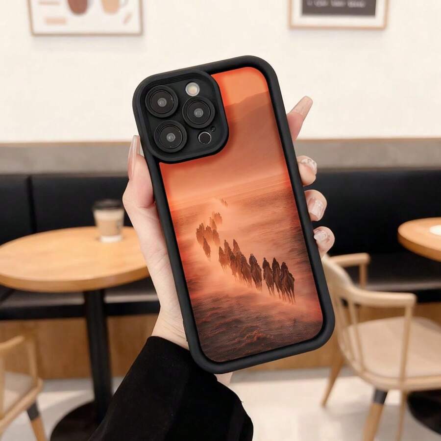 Cubierta de teléfono con borde negro diseño de caballos en el atardecer para uso diario en cafeterías y espacios interiores,Aplicable a los teléfonos de la serie Apple y Galaxy - Café integral - Ver 1
