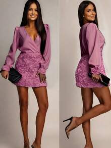 Women's Elegant Christmas Party Solid Color 3D Floral Patchwork Dress Spring - Purple Powder - View 4