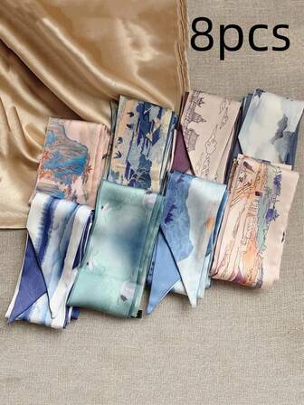 8 st kvinnors flerfärgade franska fluga hårhalsduk band pannband, vintage mångsidiga mode håraccessoarer lämpliga för dagligt bruk