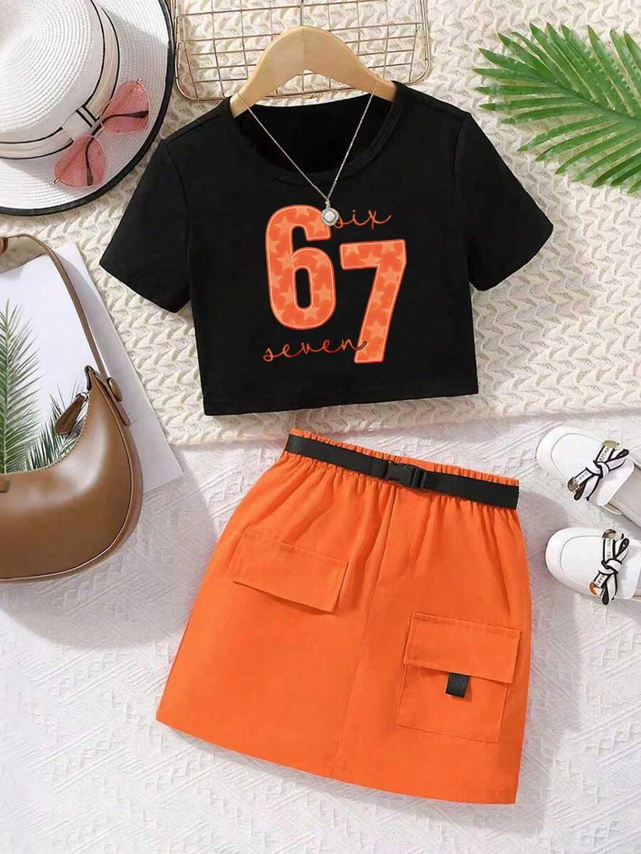 Áo thun ngắn tay in số cho bé gái tuổi teen và chân váy có túi nắp. - trái cam - Xem 1
