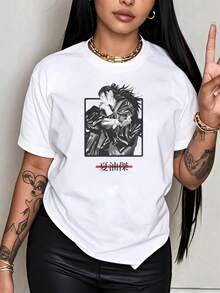 Under The Radar Crew Neck Funny Print ﻿ Women's Black T-Shirt With Anime Character Design And Text Print, Casual Urban Fashion Clothing, Unisex, Suitable For Christmas Gifts - Unisex Vintage Urban Style Loose Fit Cotton Short Sleeve Crew Neck T-Shirt. - 白色 - 查看 3