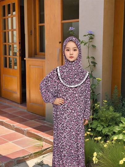 Pink Floral Printed Headscarf For Girls, Teenagers And Kids, Suitable For Daily Wear, And Home Use, Petal & Small Flowers Pattern Design, Elastic, Comfortable And Wide-Legged & Lengthened Hem