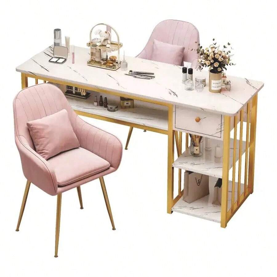Mesa de Maquillaje de Marmol Blanco y Oro con Cajón + Estantes, Amplio Almacenamiento para Cosméticos, Mesa de Maquillaje y Uñas para Hogar y Salón de Belleza - Estante dorado + tablero blanco - Ver 1