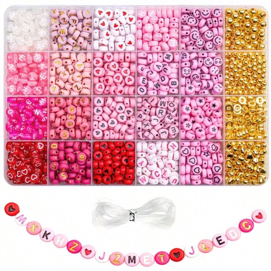 24 piezas Juego de Cuentas de Alfabeto Rosas, para Hacer Joyas, Manualidades DIY, Pulseras de , Aretes, Collares, Decoraciones, con 1 Rollo de Hilo de Cristal - Rosa - Ver 1