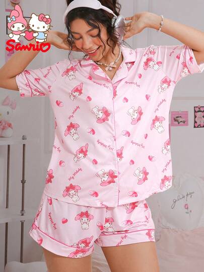 SANRIO Pajamoom 2pcs Women's , Pajamas,Pink,Spring&Summer,Cute Nightgown,Sleepwear, Loungewear Set