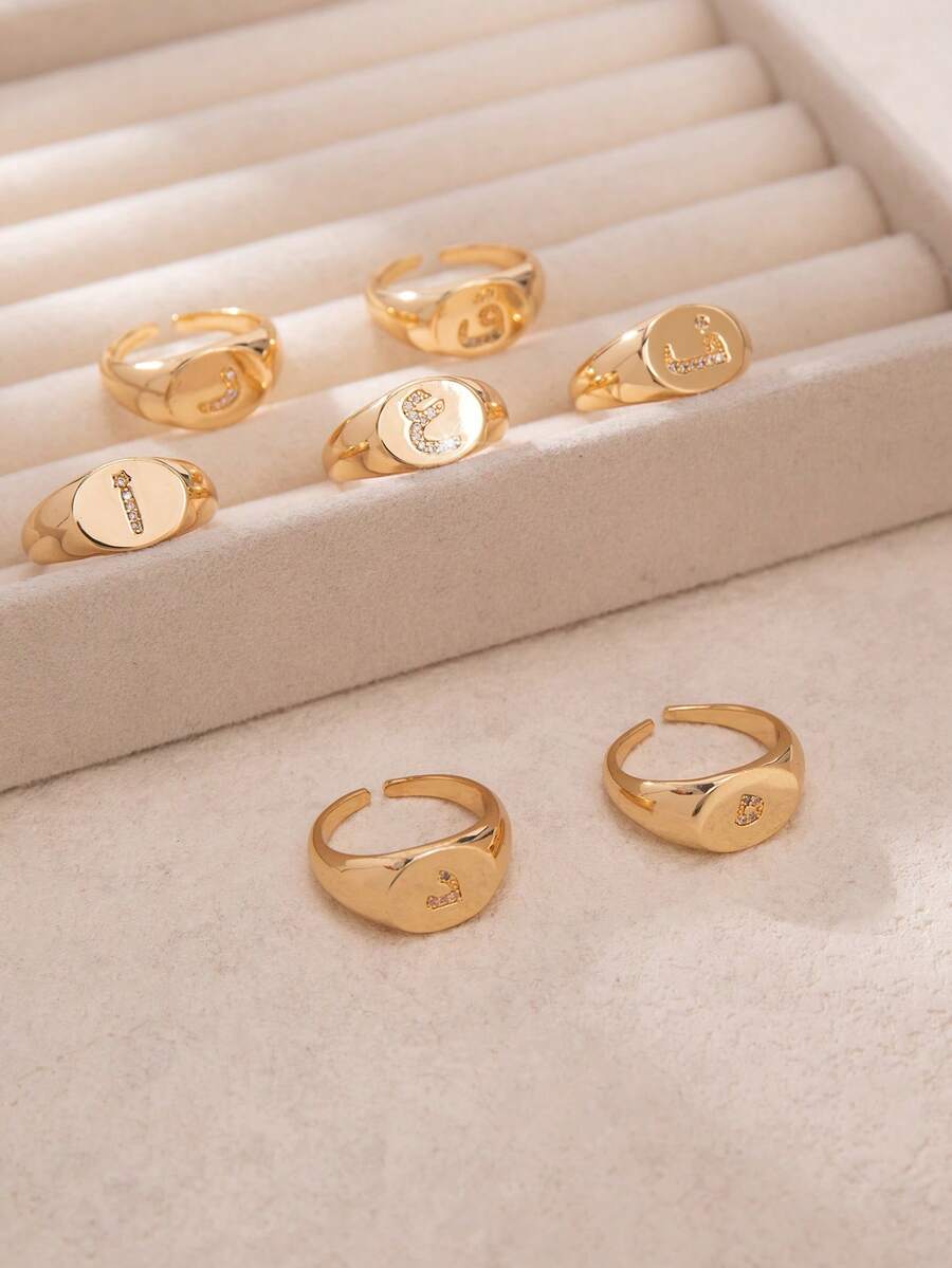 1枚奢华女士戒指，铜质镶嵌立方氧化锆戒指，饰有阿拉伯文字，圆形光滑开口戒指，适合日常佩戴和馈赠。 - 彩色 - 查看 1