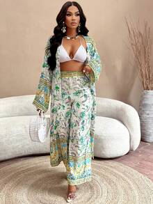 Floral Print Wrap Top And Wide-Leg Pants Set, Perfect For Vacation (Random Print) - Blue and White Color - View 1
