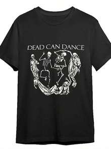 Camiseta Gráfica Negra para Hombre - Impresión de Esqueleto Bailando "DEAD CAN DANCE", Manga Corta de Algodón, Cuello Redondo y Ajuste Regular, Lavable a Máquina para Atuendos Casuales y Fiestas, Camiseta Elegante - Negro - Ver 2