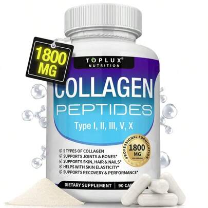 Toplux Nutrition Collagen Peptides 5 Types Complex 1800mg US Made Dietary Supplement For Health Beauty Fitness 90 Capsules