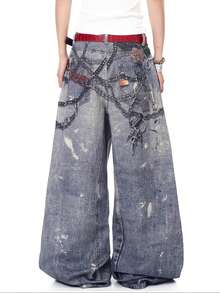 1pc American Street Style Digital Print Men's Wide Leg Jeans, Fashion Loose Comfortable Casual Versatile Denim Pants (No Belt & Accessories) - 藍色 - 查看 3