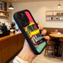 Cubierta de telefono con borde negro y diseño de camion amarillo sobre fondo rojo y azul para uso diario en cafeterias y espacios urbanos,Aplicable a los teléfonos de la serie Apple y Galaxy - Burdeos - Ver 6