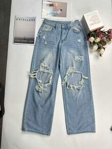 女士休闲长款破洞直筒牛仔裤，浅蓝色牛仔布，无弹力宽松款式 - 藍色 - 查看 6