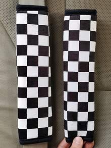 2pcs Plush Houndstooth Car Seat Belt Covers, Comfortable Car Accessories - Black and White - View 8