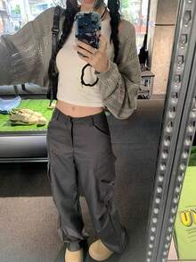 蝙蝠袖镂空网眼针织罩衫，女士无袖薄纱披肩外套 - 灰色 - 查看 2