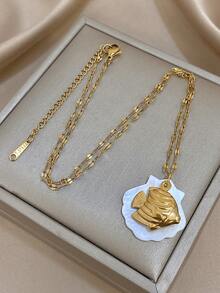 1件海洋主题金项链，配有鱼和贝壳吊坠，时尚航海风首饰，适合日常休闲佩戴，情人节礼物，男女皆宜 - 彩色 - 查看 1