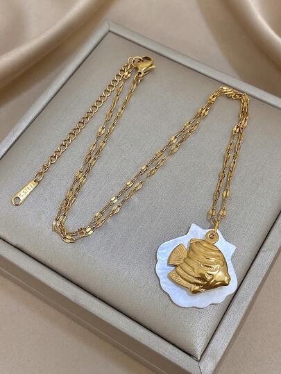 1 pieza Collar dorado con temática oceánica con colgantes de peces y conchas marinas, joyería de estilo náutico elegante, adecuado para uso casual diario, regalo del Día de San Valentín, unisex