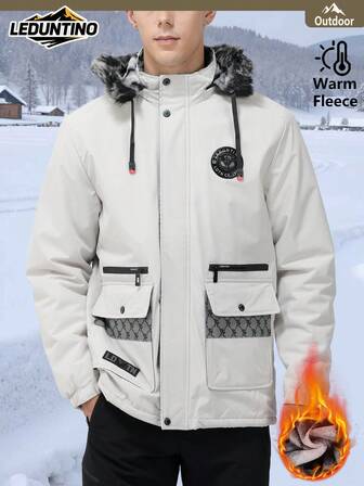 LEDUNTINO メンズファッション 秋冬 中綿入りジャケットコート、フード付き、フリース裏地、多ポケット、冬のアウトドアウェアや通勤に最適