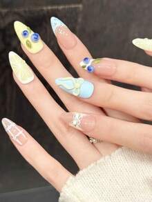 10 pegatinas de uñas con forma de almendra hechas a mano, adecuadas para fiestas y uso diario, disponibles en múltiples colores, esquema de color macaron, lazo, almendra, patrones florales, fácil de aplicar. 10 pegatinas de uñas estilo Y2K hechas a mano, adecuadas para que las niñas y mujeres las usen en fiestas de vacaciones y en uñas postizas de uso diario - Multicolor - Ver 4