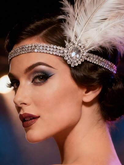 1pc European & American Style Feather Headpiece, Rhinestone Decorated Side Hair Accessory, Elegant Stage Dancer Headchain, Suitable For Eid Festival