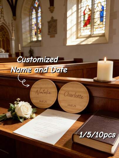 1/5/10Pcs Custom Wooden Coaster, Personalized With Your Name & Date, Perfect For Weddings, Engagements, And Holiday Gatherings, Adds An Elegant And Unique Touch To Your Table, Ideal For Special Occasions, Birthdays, Christmas, New Year's, And Anniversaries.
