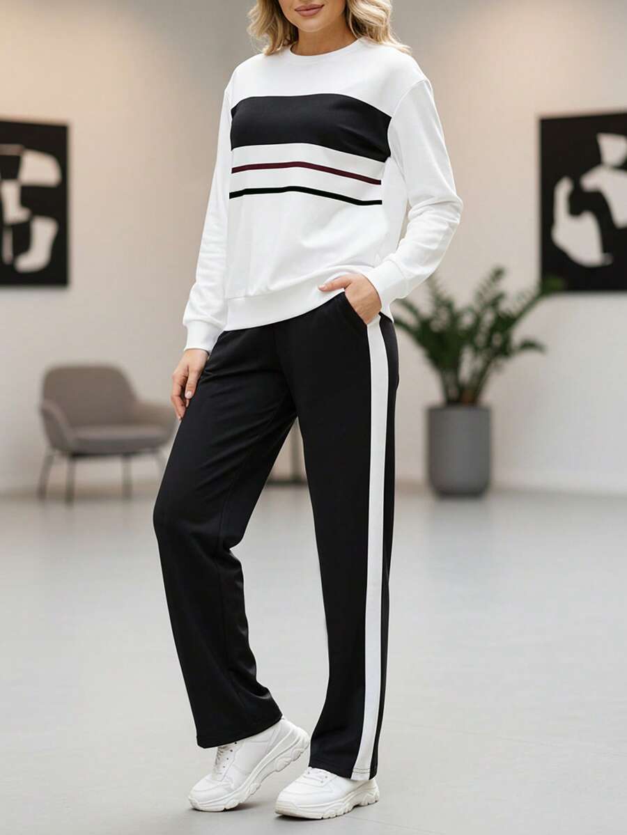 两件套女士春秋季套装：时尚撞色条纹图案长袖套头卫衣和松紧腰休闲裤，舒适休闲家居服套装