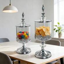 2 Pcs Crystal Glass Storage Tank Display,European Chic Candy JarWith Lid - For Weddings, Graduations, Parties And Special Occasions - Versatile Gift And Snack Container, Cake Shop, Living Room Decor, Coffee Table Accent & Desktop Showcase,Chrismas Room Decor,Christmas Party Supplies, Family Dinner - 銀色 - 查看 3