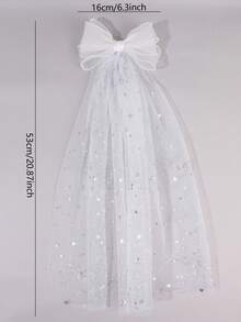 1pc White Tulle Hair Bow For Girls Star Printed Bow Alligator Clips Elegant Large Veil Hair Clips Pearls Border Barrettes Wedding Hairpin Pretty Princess Hair Bow Teens Hair Accessory - White - View 5